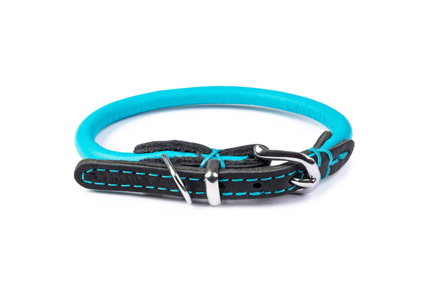 Hand-sewn dog collar 6mm-25cm (26-30cm) 12"-14" PREVENTS MATTING Blue made of genuine rounded ITALIAN leather inside stitch.Custom size for Free!!