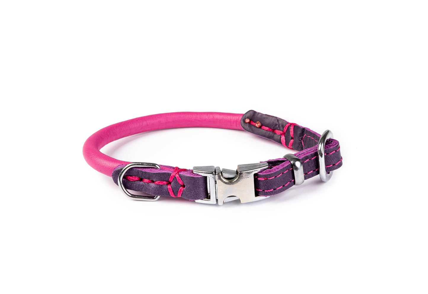 Hand stitched dog collar 6mm-30cm (30-34cm)Quick Release prevents matting ANTI ALLERGIC Pink genuine ITALIAN leather inside stitch.