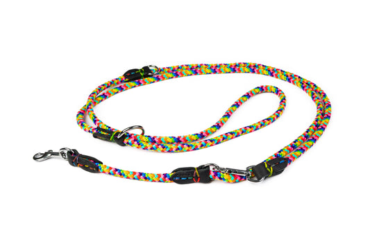 Multifunctional Rainbow Rope & Leather Dog Leash – 6-in-1 Adjustable Design
